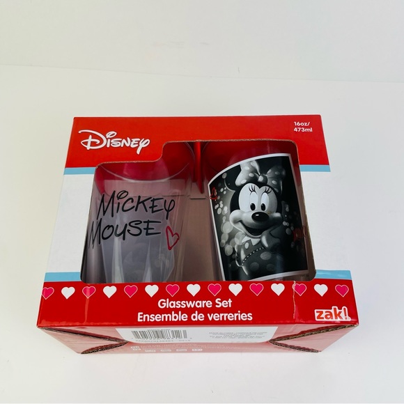 Disney Mickey Minnie Mouse Glassware Set of 2 16 Oz Valentine’s Day Hearts Cups - Picture 2 of 7